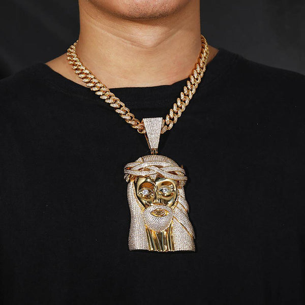 Iced Jesus Face Head Extra Large Pendant 18K Gold