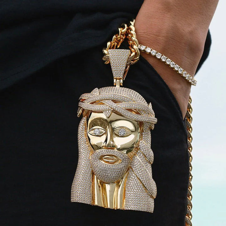 Iced Jesus Face Head Extra Large Pendant 18K Gold