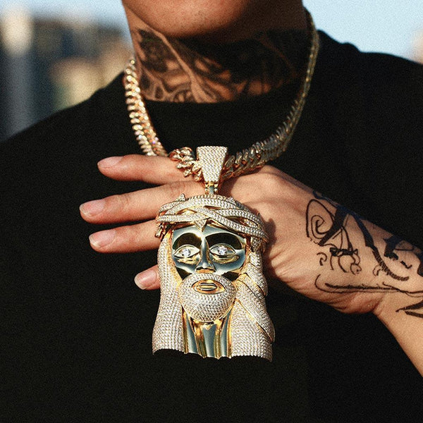 Iced Jesus Face Head Extra Large Pendant 18K Gold