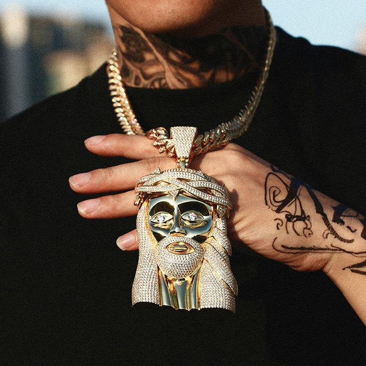 Iced Jesus Face Head Extra Large Pendant 18K Gold