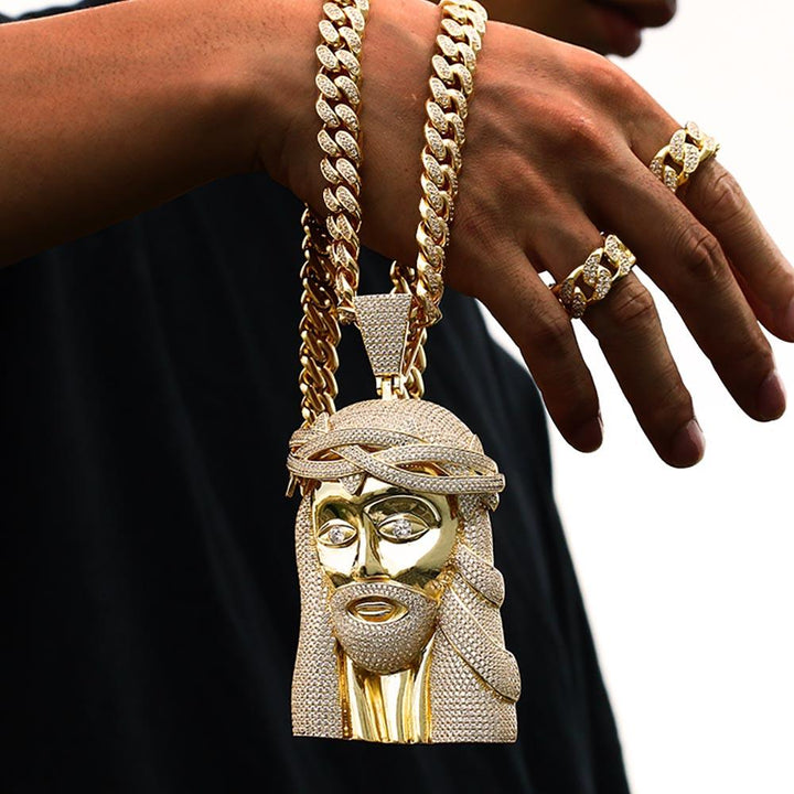 Iced Jesus Face Head Extra Large Pendant 18K Gold